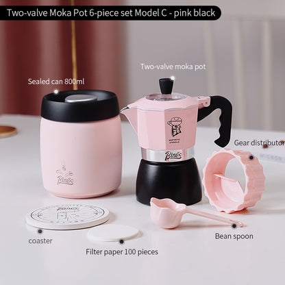 BINCOO Double Valve Coffee Moka Pot Italian Small Home Brewing Coffee Pot Manual Bean Grinder Set for Outdoor Travel Best Gift Couple Gift 2Cups