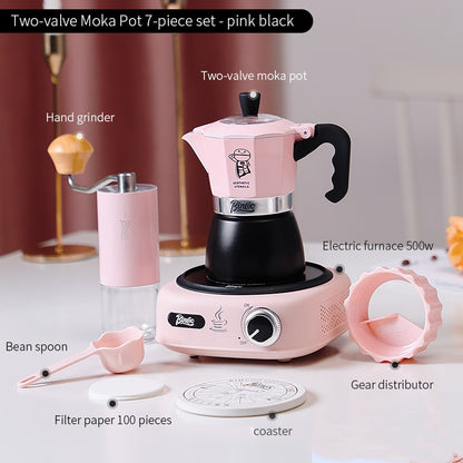 BINCOO Double Valve Coffee Moka Pot Italian Small Home Brewing Coffee Pot Manual Bean Grinder Set for Outdoor Travel Best Gift Couple Gift 2Cups