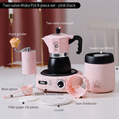 BINCOO Double Valve Coffee Moka Pot Italian Small Home Brewing Coffee Pot Manual Bean Grinder Set for Outdoor Travel Best Gift Couple Gift 2Cups