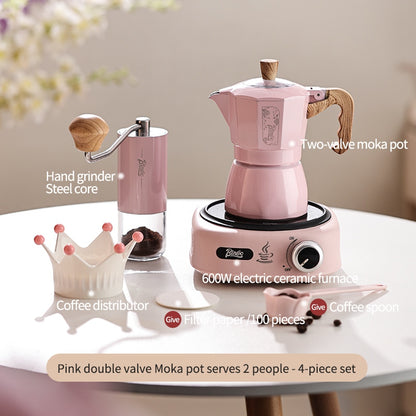 BINCOO Double Valve Moka Pot Brewing Coffee Pot Home Hand Brewing Coffee Pot Set Manual Coffee Grinder Espresso Appliance Set 2Cups