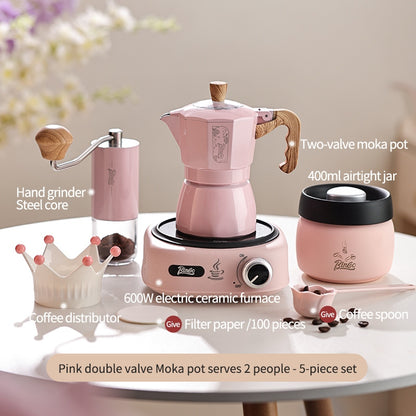BINCOO Double Valve Moka Pot Brewing Coffee Pot Home Hand Brewing Coffee Pot Set Manual Coffee Grinder Espresso Appliance Set 2Cups