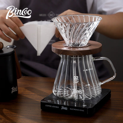 BINCOO Glass Coffee Dripper with Wood Stand,V60 Pour Over Coffee Filter Set for Household and Office
