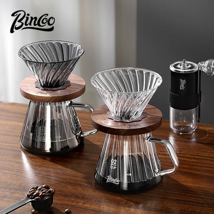 BINCOO Glass Coffee Dripper with Wood Stand,V60 Pour Over Coffee Filter Set for Household and Office