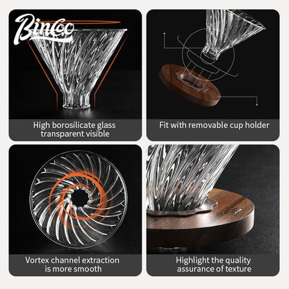 BINCOO Glass Coffee Dripper with Wood Stand,V60 Pour Over Coffee Filter Set for Household and Office