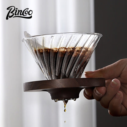 BINCOO Glass Coffee Dripper with Wood Stand,V60 Pour Over Coffee Filter Set for Household and Office