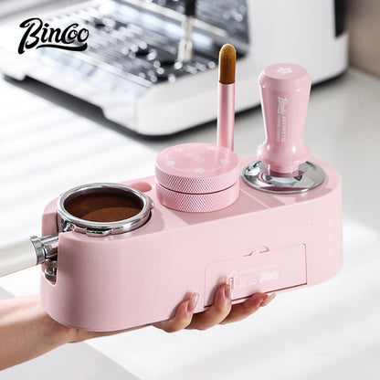 BINCOO Pink Italian Multi-Functional Base Coffee Tamper & Cloth Powder Distributor 3-Piece Set Espresso Machine Handle Hammer Base Set 51MM/58MM