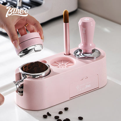 BINCOO Pink Italian Multi-Functional Base Coffee Tamper & Cloth Powder Distributor 3-Piece Set Espresso Machine Handle Hammer Base Set 51MM/58MM