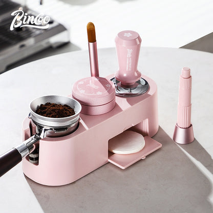 BINCOO Pink Italian Multi-Functional Base Coffee Tamper & Cloth Powder Distributor 3-Piece Set Espresso Machine Handle Hammer Base Set 51MM/58MM