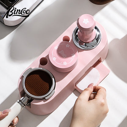 BINCOO Pink Italian Multi-Functional Base Coffee Tamper & Cloth Powder Distributor 3-Piece Set Espresso Machine Handle Hammer Base Set 51MM/58MM