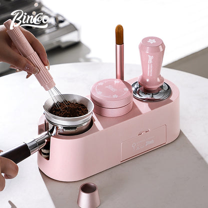 BINCOO Pink Italian Multi-Functional Base Coffee Tamper & Cloth Powder Distributor 3-Piece Set Espresso Machine Handle Hammer Base Set 51MM/58MM