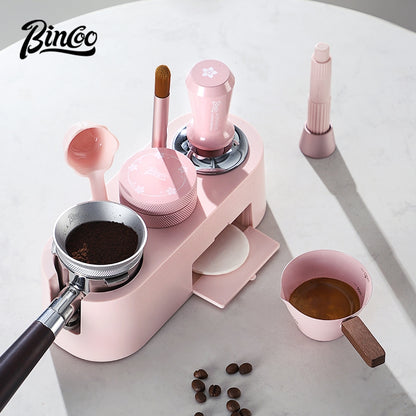 BINCOO Pink Italian Multi-Functional Base Coffee Tamper & Cloth Powder Distributor 3-Piece Set Espresso Machine Handle Hammer Base Set 51MM/58MM