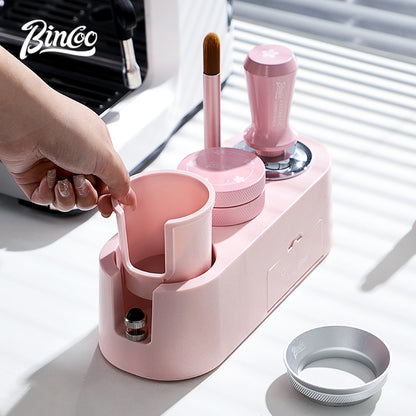 BINCOO Pink Italian Multi-Functional Base Coffee Tamper & Cloth Powder Distributor 3-Piece Set Espresso Machine Handle Hammer Base Set 51MM/58MM