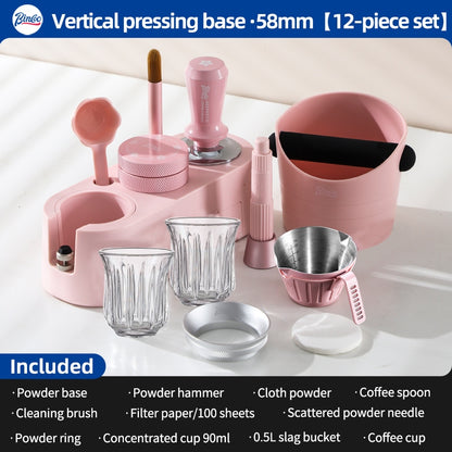 BINCOO Pink Italian Multi-Functional Base Coffee Tamper & Cloth Powder Distributor 3-Piece Set Espresso Machine Handle Hammer Base Set 51MM/58MM