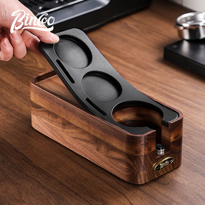 BINCOO Walnut Wood Coffee Tamper Base & Powder Dispenser Set with Tamper Hammer Complete Italian-Style Tool Set with Storage Case 58MM