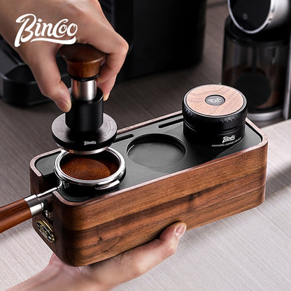 BINCOO Walnut Wood Coffee Tamper Base & Powder Dispenser Set with Tamper Hammer Complete Italian-Style Tool Set with Storage Case 58MM