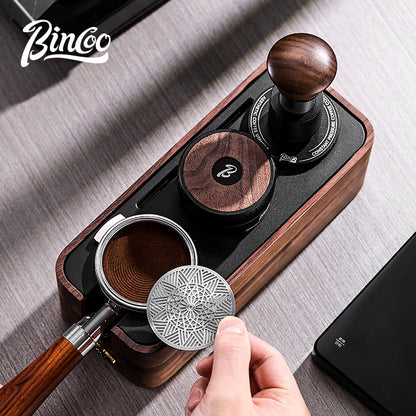 BINCOO Walnut Wood Coffee Tamper Base & Powder Dispenser Set with Tamper Hammer Complete Italian-Style Tool Set with Storage Case 58MM