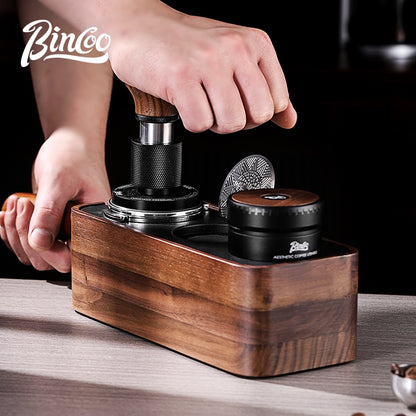 BINCOO Walnut Wood Coffee Tamper Base & Powder Dispenser Set with Tamper Hammer Complete Italian-Style Tool Set with Storage Case 58MM