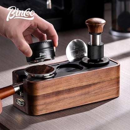 BINCOO Walnut Wood Coffee Tamper Base & Powder Dispenser Set with Tamper Hammer Complete Italian-Style Tool Set with Storage Case 58MM