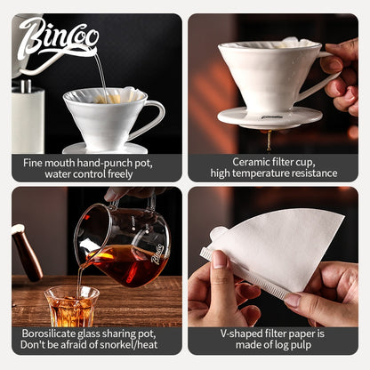 BINCOO Hand Brewing Coffee Set Ceramic V60 Dripper Glass Pour-Over Pot Manual Coffee Grinder Coffee Brewing Equipment Set