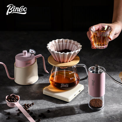 BINCOO Pink Pour-Over Coffee Set Glass Sharing Pot Set with Ceramic Filter Cup and Coffee Grinder Coffee Equipment Set