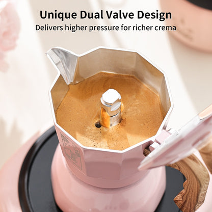 BINCOO Cherry Blossom Pink Moka Pot Dual-Valve Coffee Pot Set Compact Home Coffee Maker with Electric Ceramic Stove 2Cups/4Cups