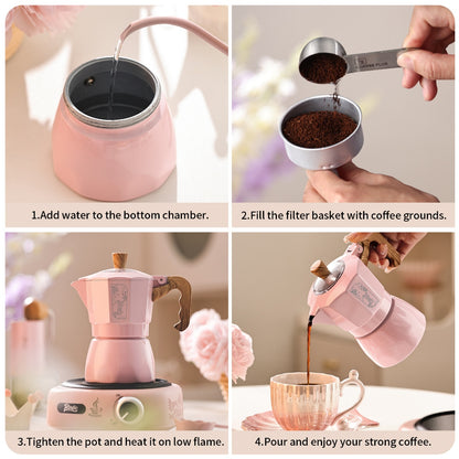 BINCOO Cherry Blossom Pink Moka Pot Dual-Valve Coffee Pot Set Compact Home Coffee Maker with Electric Ceramic Stove 2Cups/4Cups