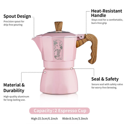 BINCOO Cherry Blossom Pink Moka Pot Dual-Valve Coffee Pot Set Compact Home Coffee Maker with Electric Ceramic Stove 2Cups/4Cups