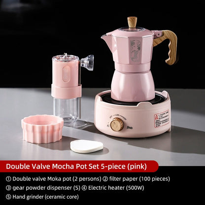 BINCOO Cherry Blossom Pink Moka Pot Dual-Valve Coffee Pot Set Compact Home Coffee Maker with Electric Ceramic Stove 2Cups/4Cups