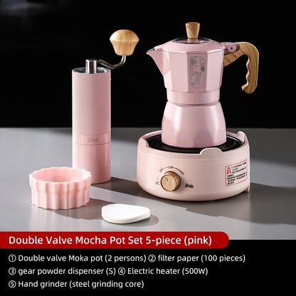 BINCOO Cherry Blossom Pink Moka Pot Dual-Valve Coffee Pot Set Compact Home Coffee Maker with Electric Ceramic Stove 2Cups/4Cups