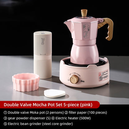 BINCOO Cherry Blossom Pink Moka Pot Dual-Valve Coffee Pot Set Compact Home Coffee Maker with Electric Ceramic Stove 2Cups/4Cups
