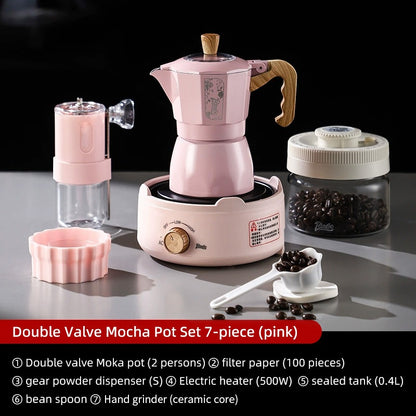 BINCOO Cherry Blossom Pink Moka Pot Dual-Valve Coffee Pot Set Compact Home Coffee Maker with Electric Ceramic Stove 2Cups/4Cups