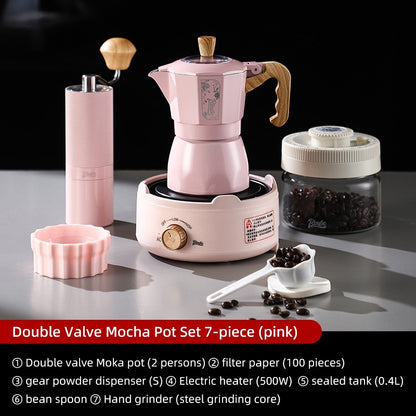 BINCOO Cherry Blossom Pink Moka Pot Dual-Valve Coffee Pot Set Compact Home Coffee Maker with Electric Ceramic Stove 2Cups/4Cups