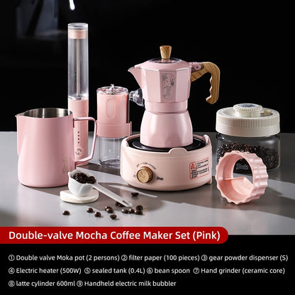 BINCOO Cherry Blossom Pink Moka Pot Dual-Valve Coffee Pot Set Compact Home Coffee Maker with Electric Ceramic Stove 2Cups/4Cups
