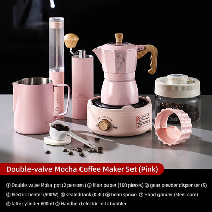 BINCOO Cherry Blossom Pink Moka Pot Dual-Valve Coffee Pot Set Compact Home Coffee Maker with Electric Ceramic Stove 2Cups/4Cups