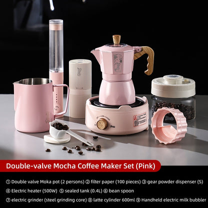 BINCOO Cherry Blossom Pink Moka Pot Dual-Valve Coffee Pot Set Compact Home Coffee Maker with Electric Ceramic Stove 2Cups/4Cups