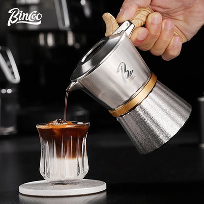 BINCOO Three-Valve 316 Stainless Steel Moka Pot Home Use Stovetop Coffee Maker Set Italian Espresso Pot with Grinder Set 2Cups