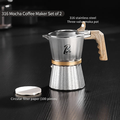 BINCOO Three-Valve 316 Stainless Steel Moka Pot Home Use Stovetop Coffee Maker Set Italian Espresso Pot with Grinder Set 2Cups