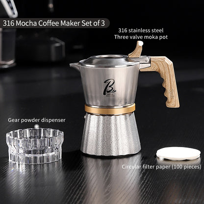 BINCOO Three-Valve 316 Stainless Steel Moka Pot Home Use Stovetop Coffee Maker Set Italian Espresso Pot with Grinder Set 2Cups