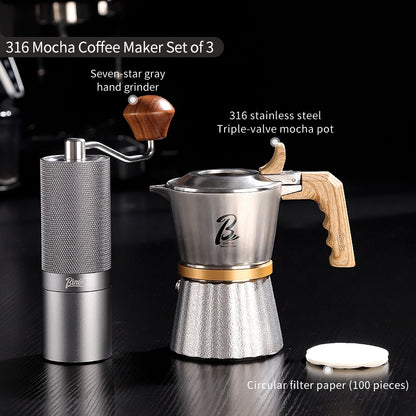 BINCOO Three-Valve 316 Stainless Steel Moka Pot Home Use Stovetop Coffee Maker Set Italian Espresso Pot with Grinder Set 2Cups
