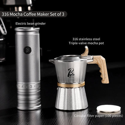 BINCOO Three-Valve 316 Stainless Steel Moka Pot Home Use Stovetop Coffee Maker Set Italian Espresso Pot with Grinder Set 2Cups
