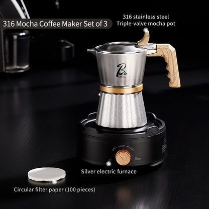 BINCOO Three-Valve 316 Stainless Steel Moka Pot Home Use Stovetop Coffee Maker Set Italian Espresso Pot with Grinder Set 2Cups