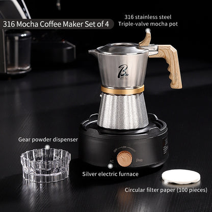BINCOO Three-Valve 316 Stainless Steel Moka Pot Home Use Stovetop Coffee Maker Set Italian Espresso Pot with Grinder Set 2Cups
