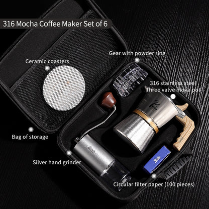 BINCOO Three-Valve 316 Stainless Steel Moka Pot Home Use Stovetop Coffee Maker Set Italian Espresso Pot with Grinder Set 2Cups