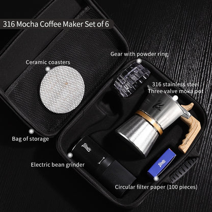 BINCOO Three-Valve 316 Stainless Steel Moka Pot Home Use Stovetop Coffee Maker Set Italian Espresso Pot with Grinder Set 2Cups