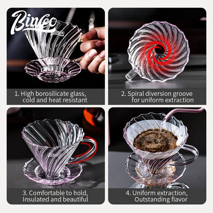 BINCOO Pink V60 Coffee Filter Cup High Borosilicate Glass Heat-Resistant Hand Brewing Coffee Sharing Pot Pour-Over Coffee Brewing Set 500ML/650ML