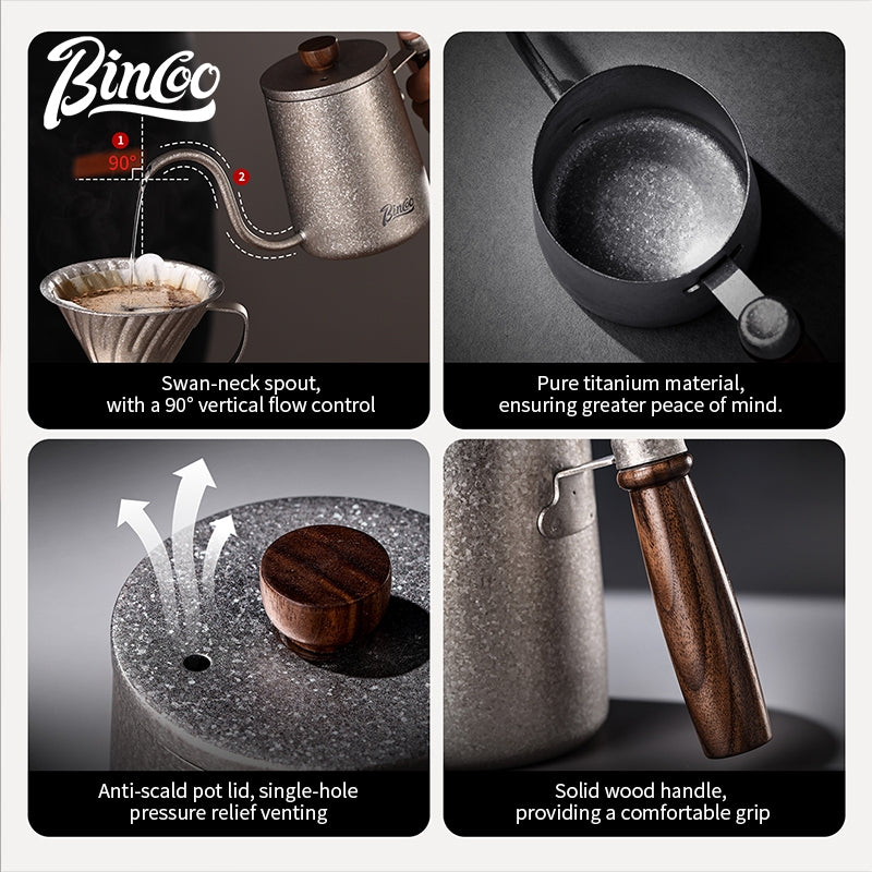 BINCOO Pure Titanium Hand Brewing Kettle Compact Portable Coffee Kettle Long Spout Narrow Mouth Kettle Coffee Pour-Over Brewing Set 350ML/600ML