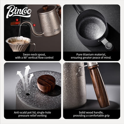 BINCOO Pure Titanium Hand Brewing Kettle Compact Portable Coffee Kettle Long Spout Narrow Mouth Kettle Coffee Pour-Over Brewing Set 350ML/600ML