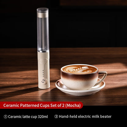 BINCOO Ceramic Cup Coffee Mug Professional Latte Art Cup Embossed Mug Tasting Cup with Milk Frother