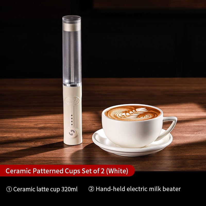 BINCOO Ceramic Cup Coffee Mug Professional Latte Art Cup Embossed Mug Tasting Cup with Milk Frother