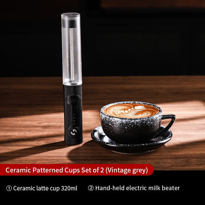 BINCOO Ceramic Cup Coffee Mug Professional Latte Art Cup Embossed Mug Tasting Cup with Milk Frother